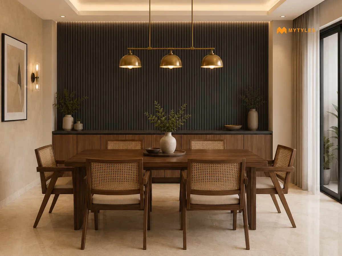 Charcoal Fluted Tile with Beige Marble-Look Tile